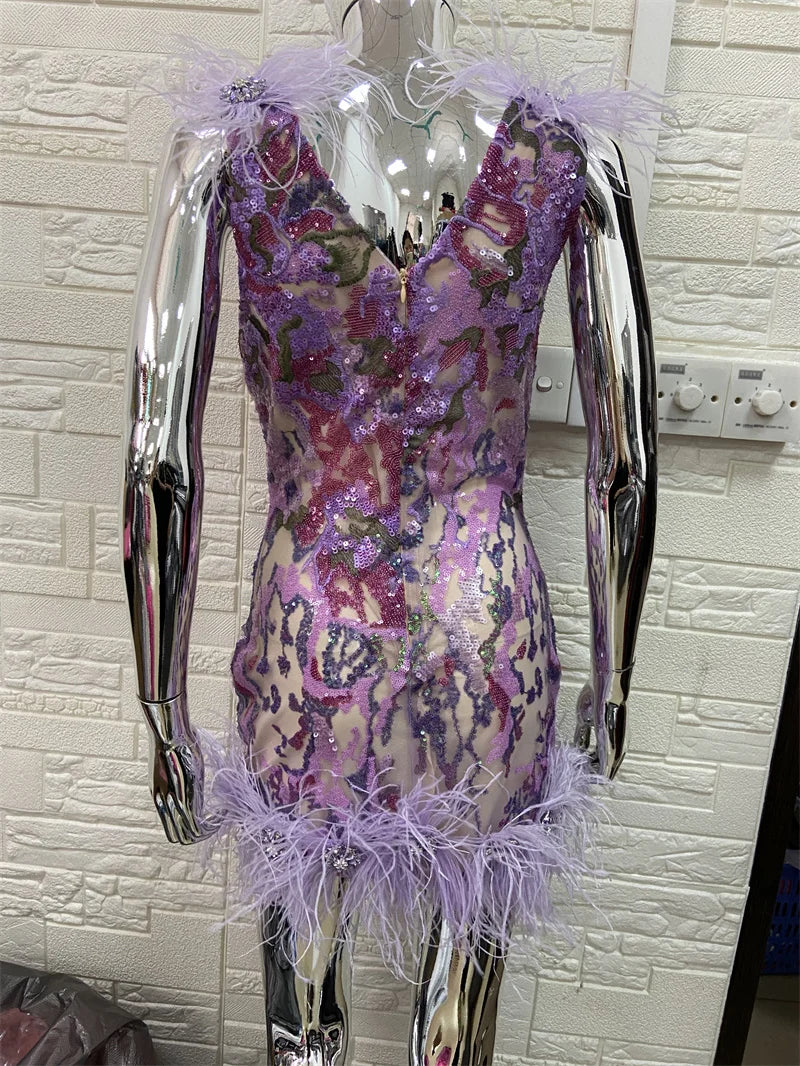 STOCK Gorgeous Feathers Shining Diamonds Violet Sequins Sleeveless Mini Dress Graceful Woman Evening Party Outfit
