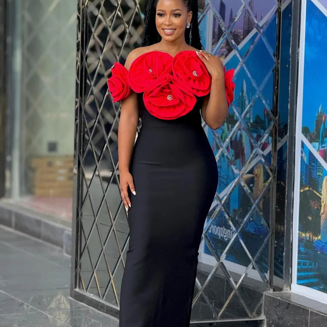 3 Colors Stereoscopic Flowers Sexy Off The Shoulder Ankle Lenght Bandage Dress Woman Birthday Party Vestido Wedding Party Outfit