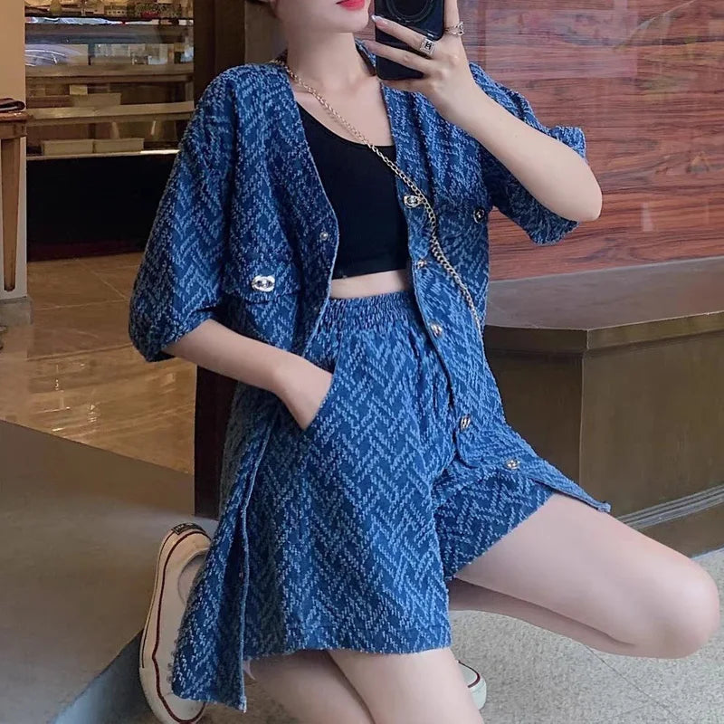 Summer New Printing Ladies Suits Fashion Loose Short Sleeve Button Cardigan and Elastic Waist Casual Pockets All-match Shorts