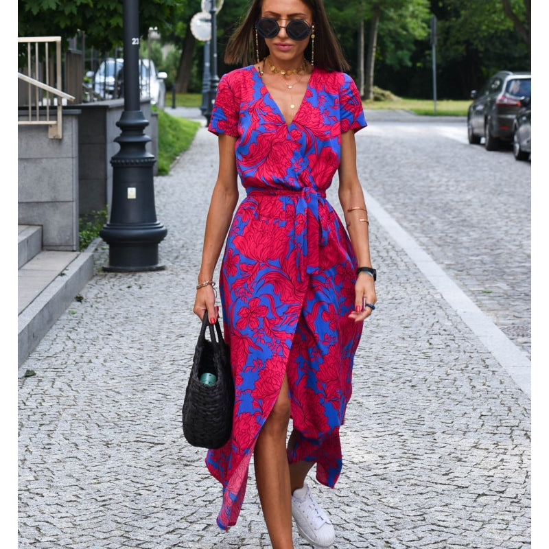 Women Casual Floral Print Dress Summer Elegant V-neck Short Sleeve Waist Lace Up Maxi Dresses Female Holiday Split Long Dress