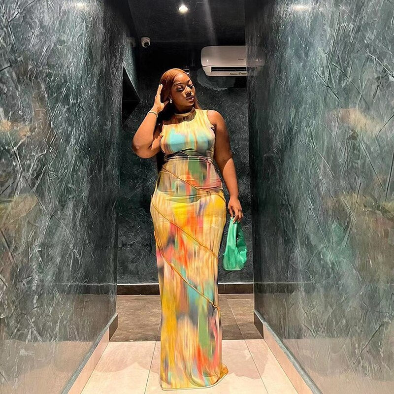 Women Halter Aesthetic Colorful Tie Dry Maxi Dress Hipster Striped Patchwork sleeveless Straight Robe Female Streetwear Yellow