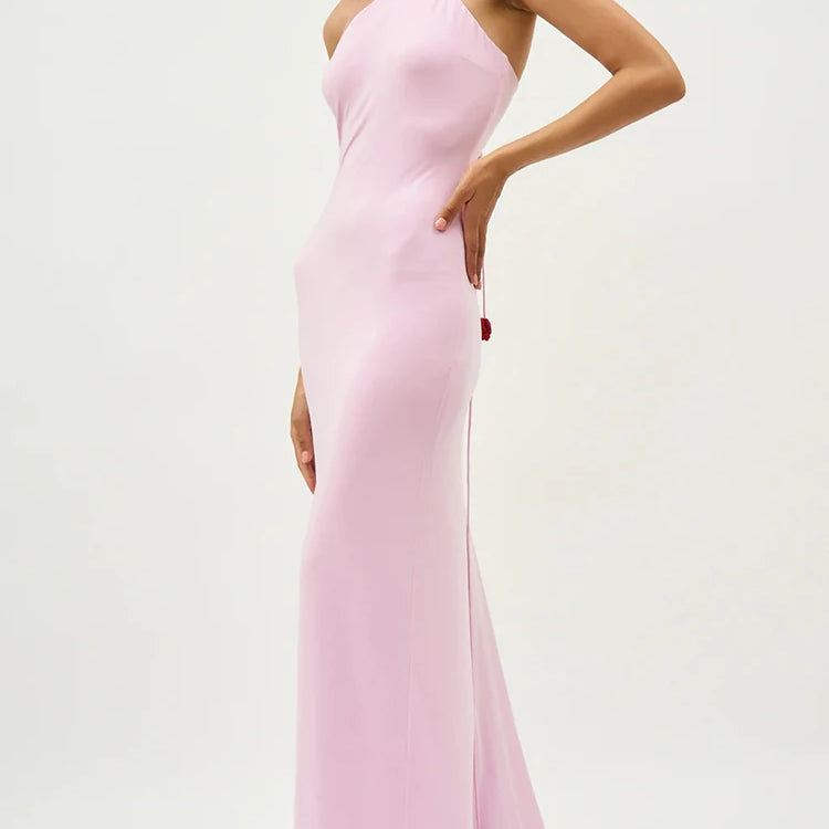Women'S Pink Dress Elegant And Pretty Maxi Gown 3D Flower Design Diagonal Collar Sleeveless Formal Party Vestidos