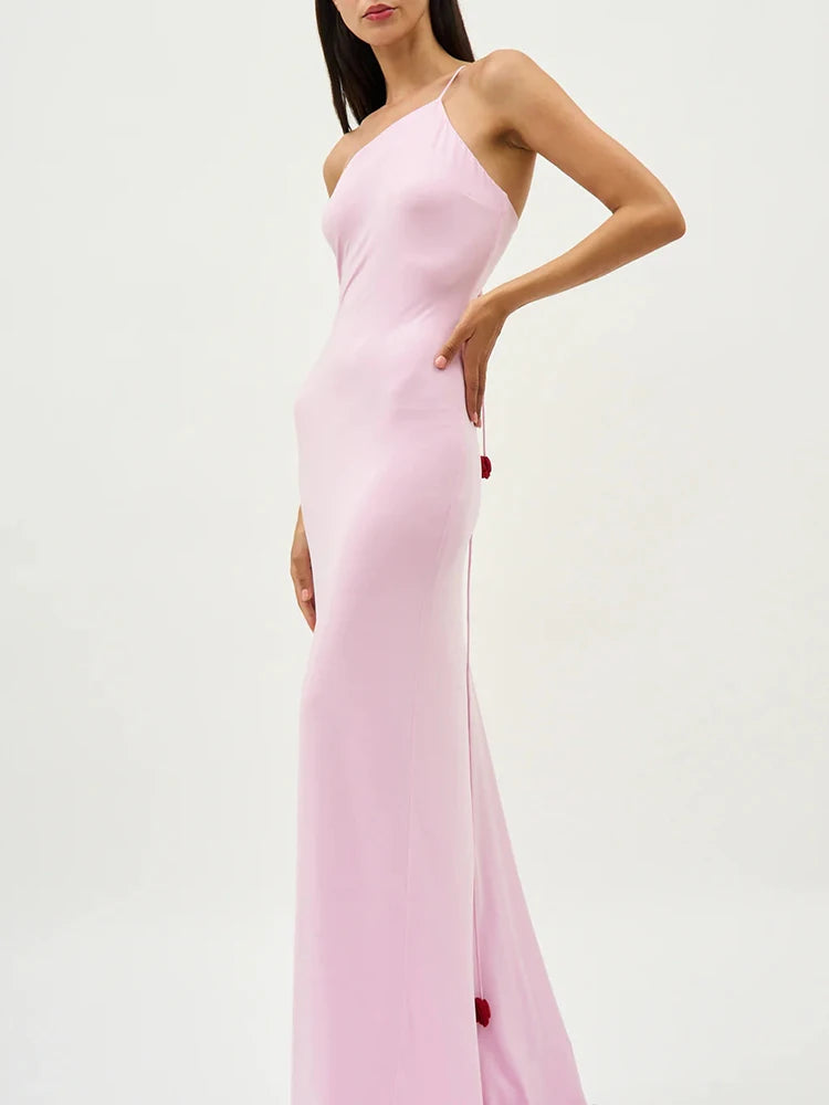 Women'S Pink Dress Elegant And Pretty Maxi Gown 3D Flower Design Diagonal Collar Sleeveless Formal Party Vestidos