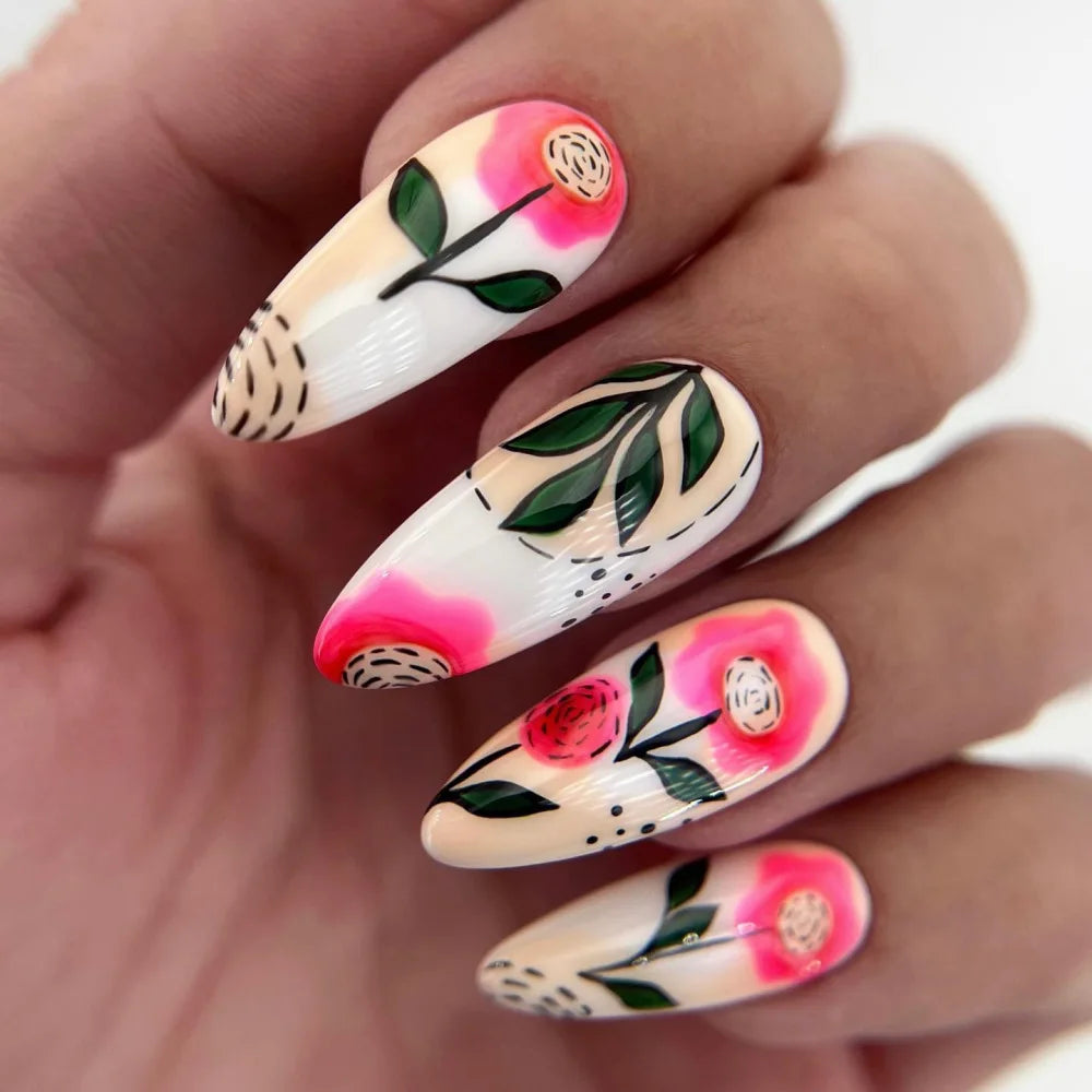 24pcs/set medium long fake nails for Spring summer season beautiful peach flowers butterfly design press on false nail art tips 1835