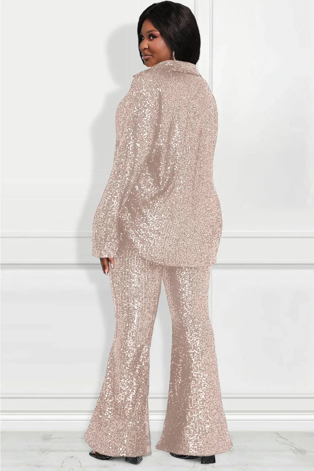 Plus Size Women Two Piece Set Sequin Flare Sleeve V-Neck Tops and Wide Leg Pants Outfits Party Club Streetwear Matching Sets