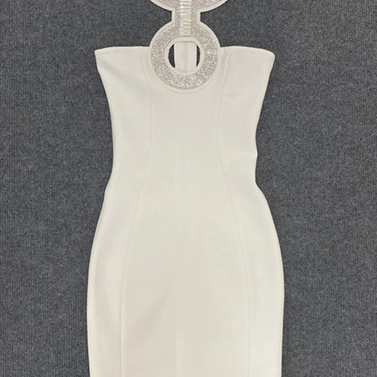 Women Summer Sexy Backless Halter Sequined Diamonds Sparkly Black Bodycon Bandage Dress 2023 Elegant Evening Club Party Dress WHITE