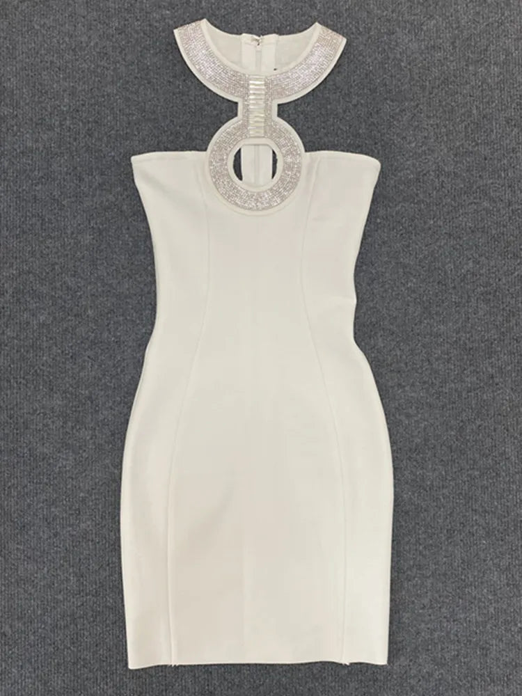 Women Summer Sexy Backless Halter Sequined Diamonds Sparkly Black Bodycon Bandage Dress 2023 Elegant Evening Club Party Dress WHITE