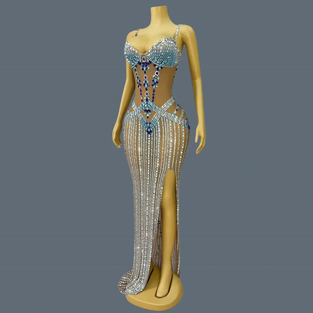 High-end Sexy Evening Gown for Women Sparkly Crystals High Side Slits Elegant Dress Birthday Prom Ball Luxury Strap Dress Jingyu