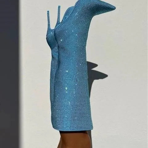 Rhinestone Women's High Boots Pointed Toe Slip-on Long Boots Women Boots High Heels Sexy Stiletto Ladies Party Shoes 2024 New blue