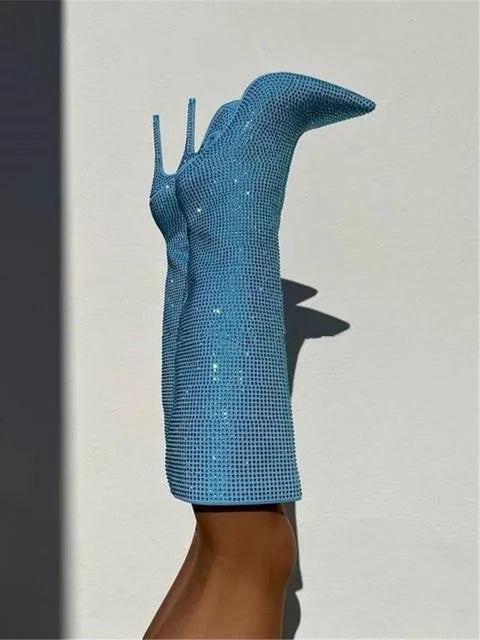 Rhinestone Women's High Boots Pointed Toe Slip-on Long Boots Women Boots High Heels Sexy Stiletto Ladies Party Shoes 2024 New blue