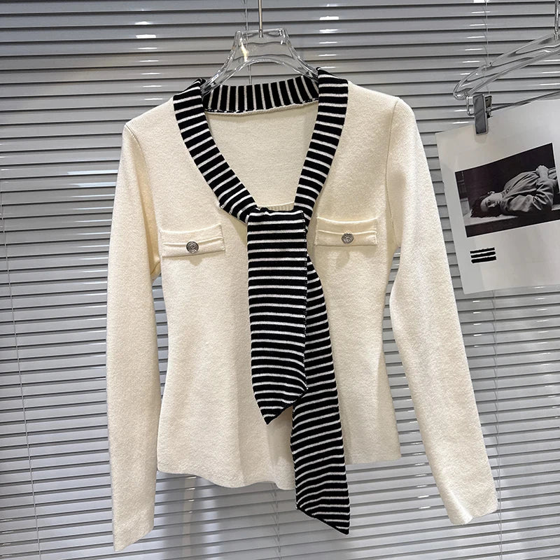 Winter New Fashion V-Neck Striped Tie Scarf Stretch Knitted Sweater For Women Versatile Slim Fit Cardigan 11A07931 Creamy-white One Size