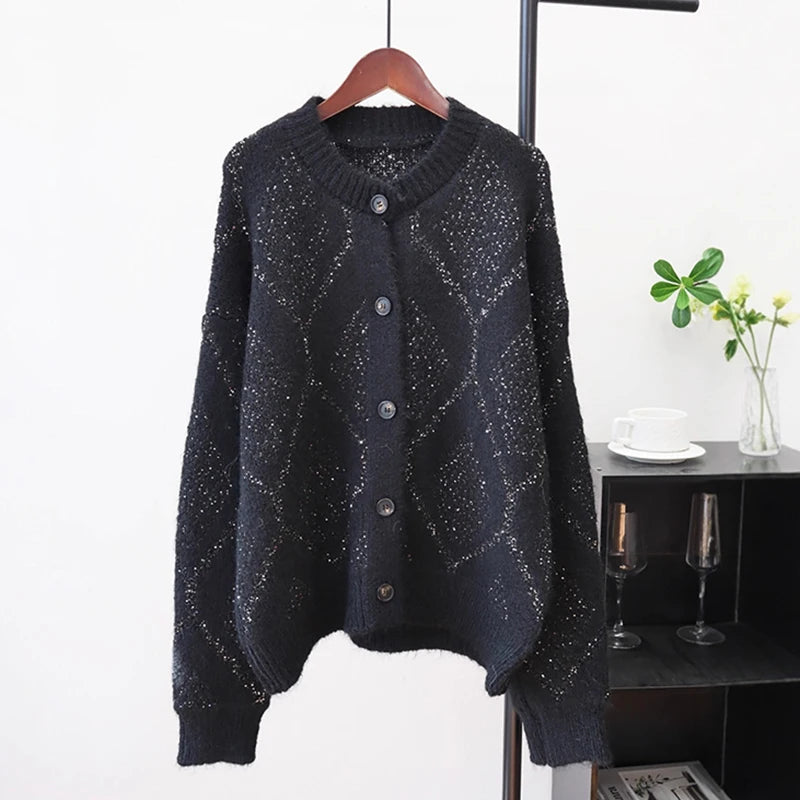 Autumn Winter New Sequin Design Round Neck Knitted Cardigan For Women Loose Casual Sweater Coat Female 11A07625 Black One Size