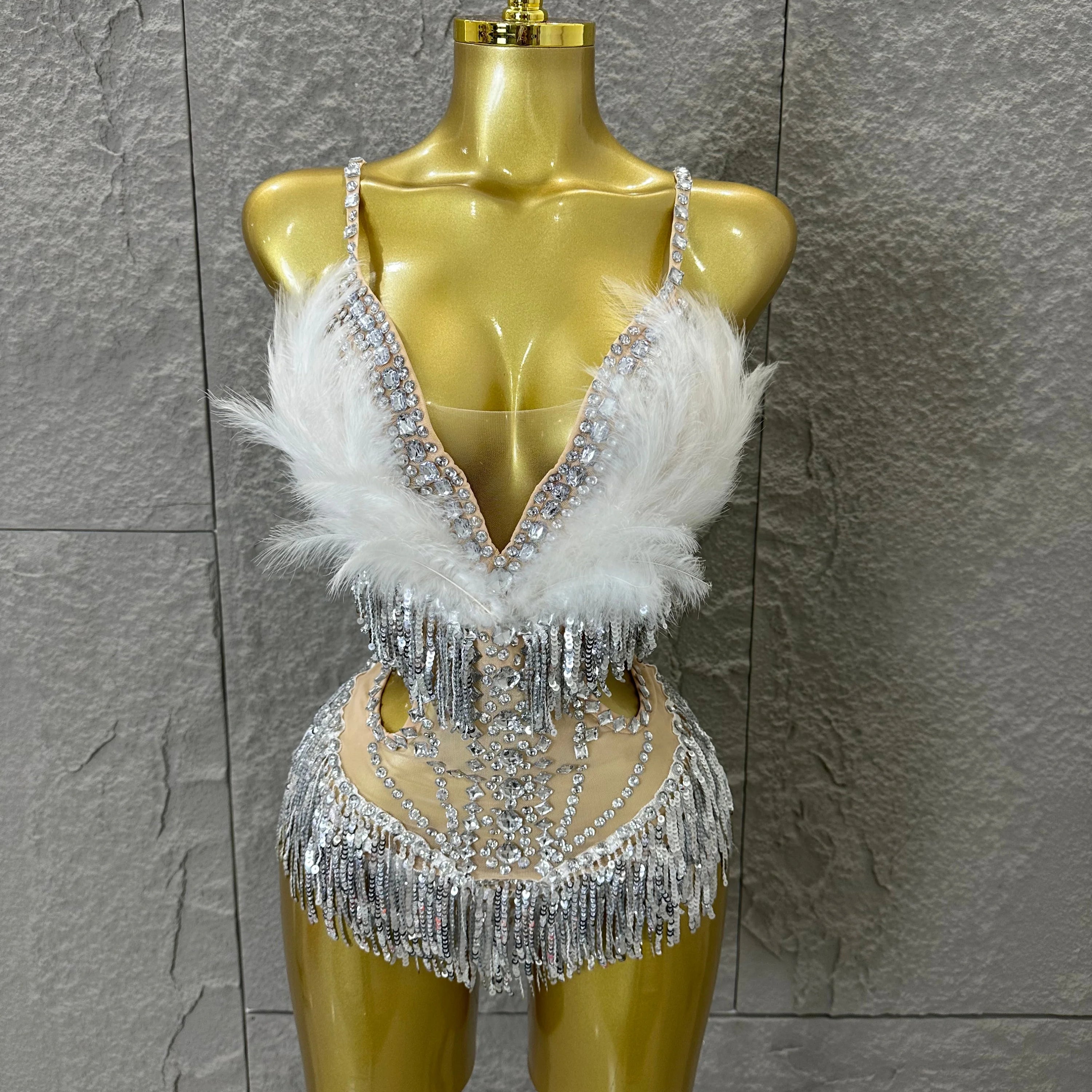 Luxurious Sheer Mesh Bodysuit Women Sexy Crystal Embellished Feather Fringe Trim Spaghetti Strap Outfit Stage Performance Outfit