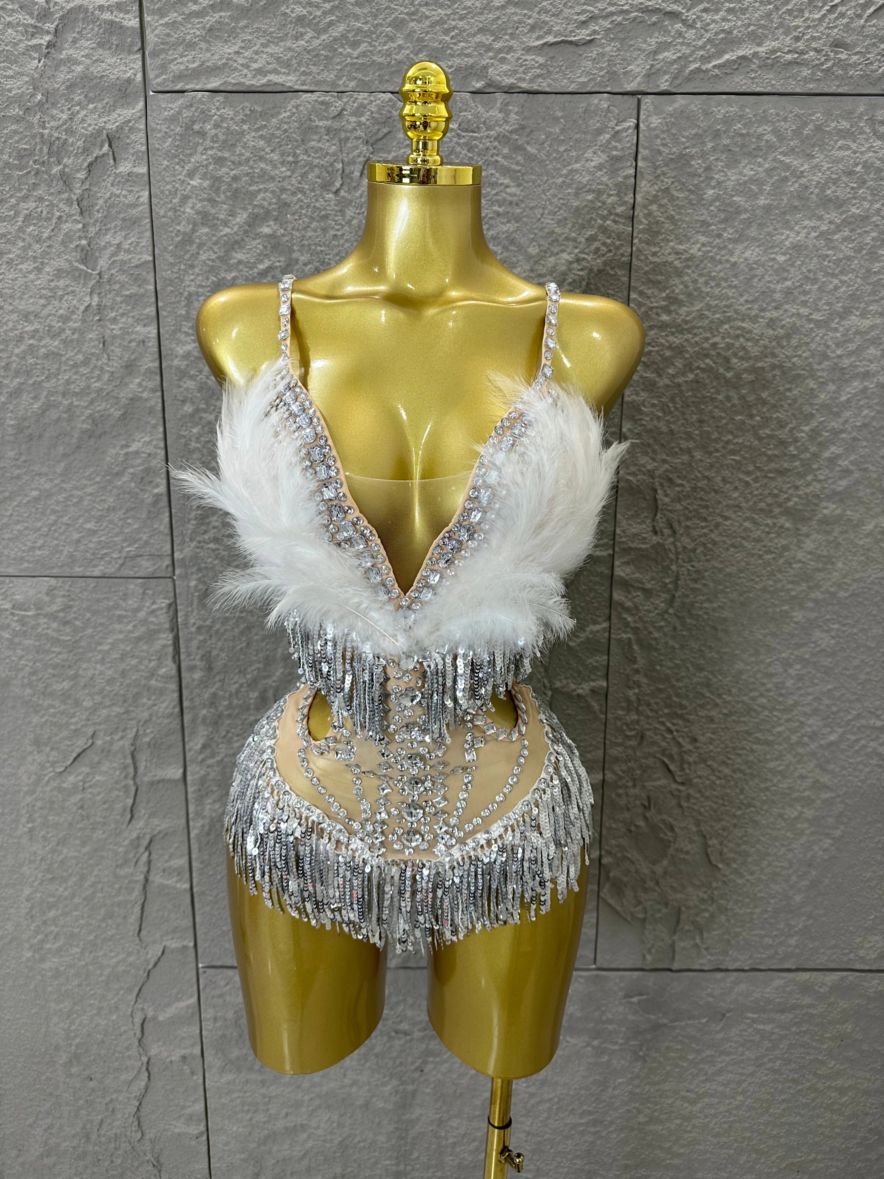 Luxurious Sheer Mesh Bodysuit Women Sexy Crystal Embellished Feather Fringe Trim Spaghetti Strap Outfit Stage Performance Outfit