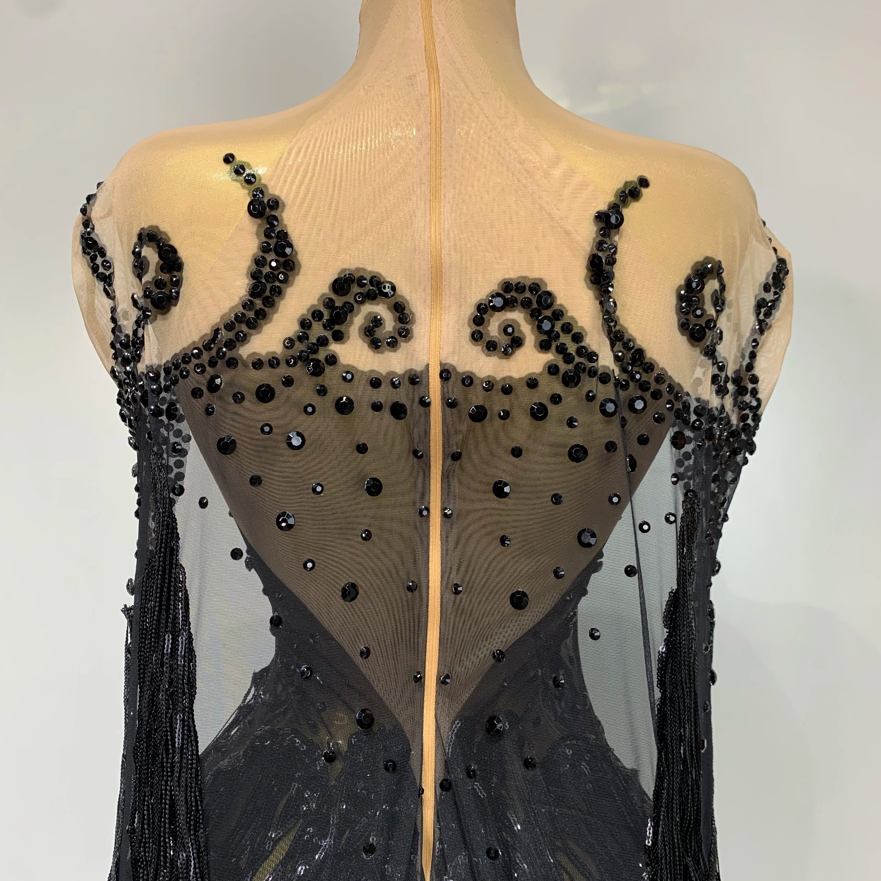 Sexy Sparkly Rhinestone Sequins Tassel Mesh Transparent Dress Women Evening Birthday Party Nightclub Dance Singer Stage Outfit