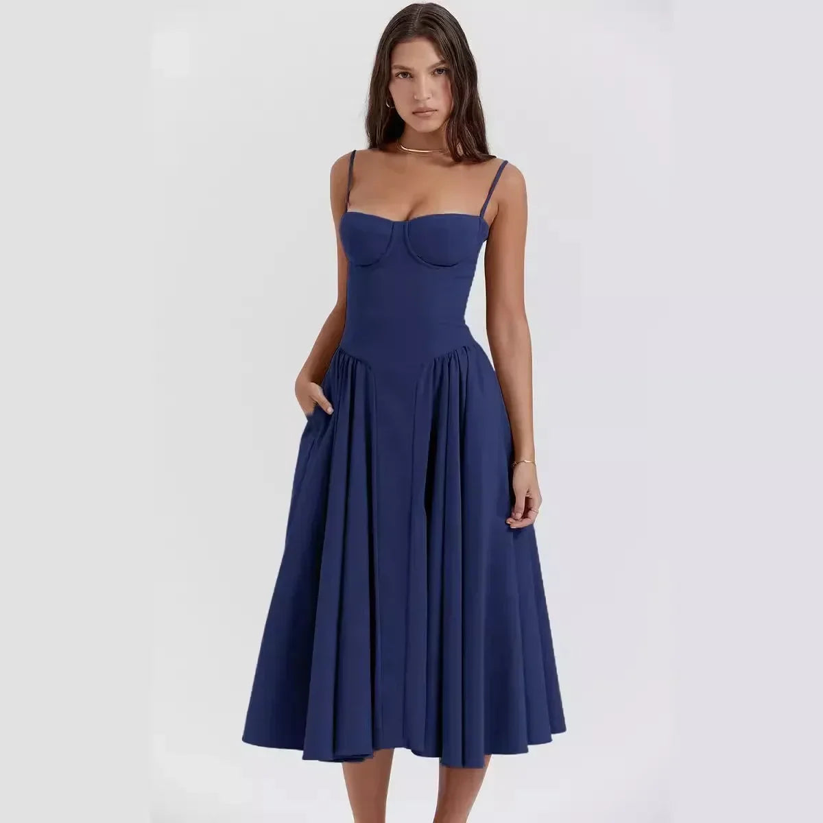 Women Sexy Solid Sling Midi Dress Fashion Sleeveless Backless Pleated Hem Dresses Summer Female Party Evening A-line Robes Navy Blue