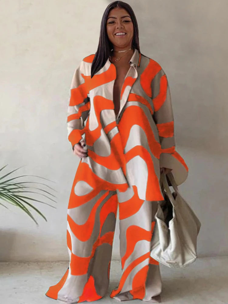 2 Piece Sets Outfits Loose T-shirt Long Pants Casual Elegant Woman Sets Female Fashion Suits Plus Size Dropshipping Wholesale Orange