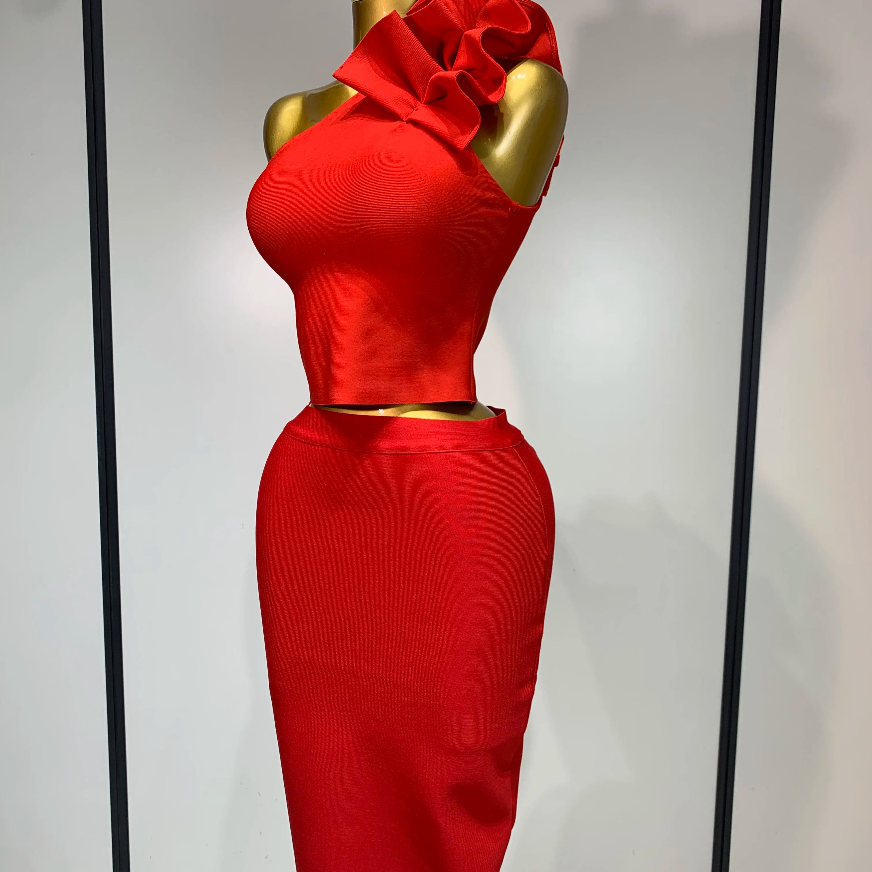 Women Sexy Sleeveless Ruffles One Shoulder Bandage Two Piece Set Fancy Club Evening Celebrity Elegant Party Bodycon Vestidos