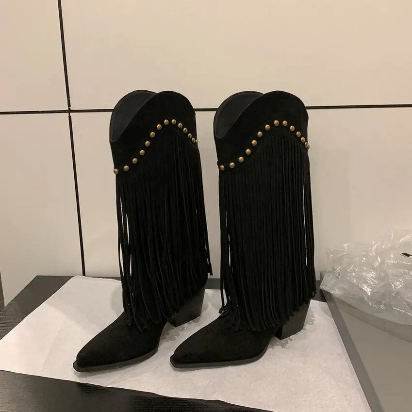 QUTAA 2024 Women Mid-Calf Boots Cow Suede Leather Thick High Heels Office Ladies Working Shoes Woman Autumn Winter Size 34-39