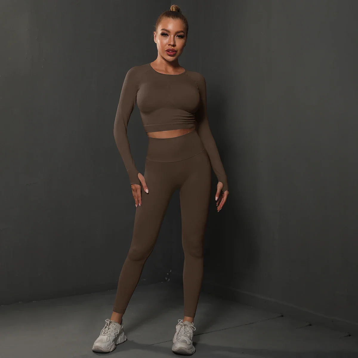 2Pcs Women Sets Energy Seamless Gym Suits Bubble Butt Sports Pants+Long Sleeve Shirts Push Up Running Sets Tracksuits Tights Set Brown