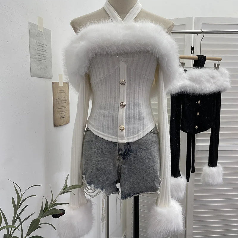 Spring New Detachable Fur Collar Lace-Up Halter Neck Off-Shoulder Knit Sweater For Women Slim Fit Short Top 11A07918 White One Size