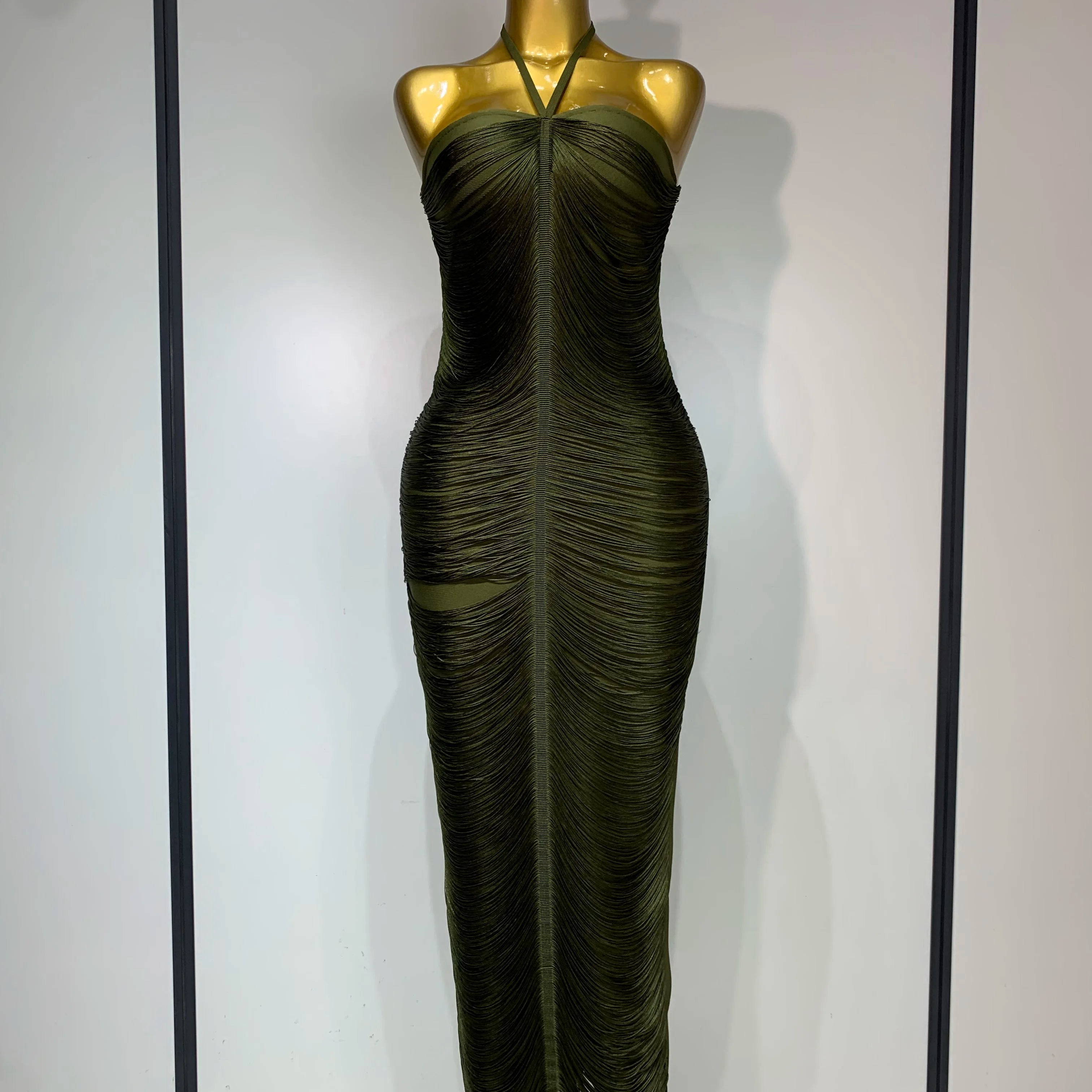 Women Sexy Celebrity Elegant Backless Halter Tassel Bodycon Bandage Dress Evening Party Luxury Birthday Wedding Guest Dress army green