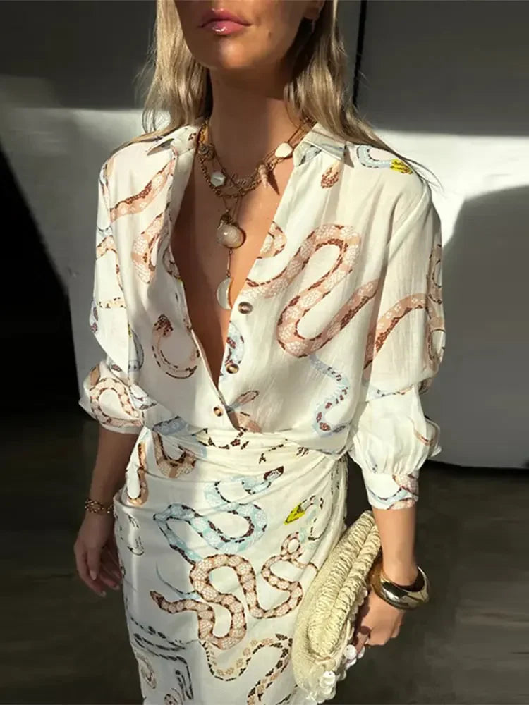 Snake Print Long Sleeve Shirt Split Skirt 2 Pcs Set Women Single Breasted Loose Lapel Short Dress Set Summer Chic Female Suits Picture Color