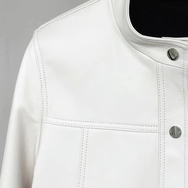 Lautaro Spring Autumn Short White Soft Pu Leather Jacket Women Stand Collar Long Sleeve Elegant Chic Luxury Designer Clothing