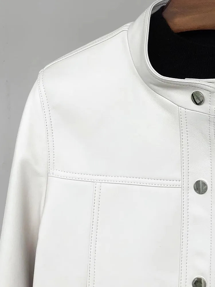 Lautaro Spring Autumn Short White Soft Pu Leather Jacket Women Stand Collar Long Sleeve Elegant Chic Luxury Designer Clothing