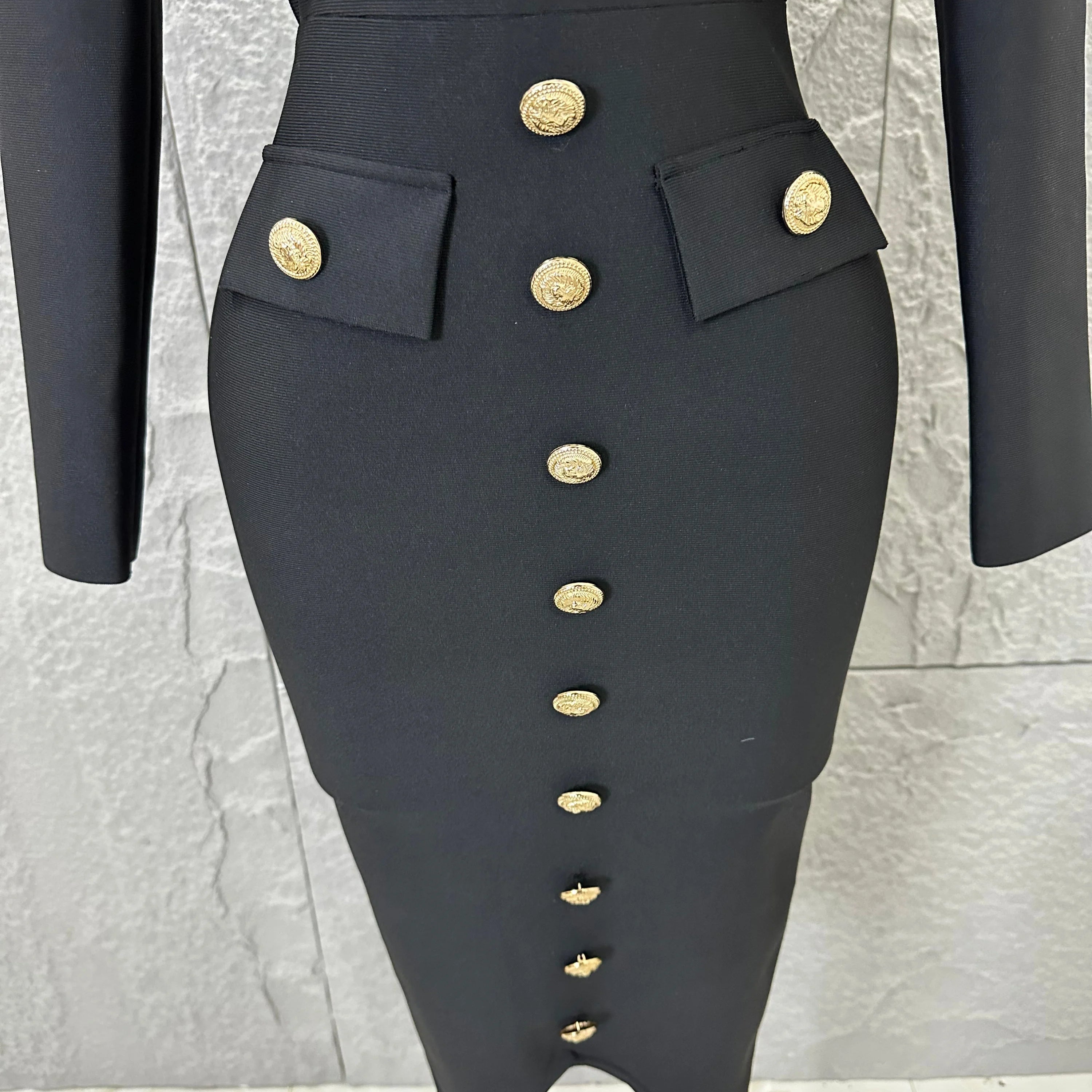 Elegant Black Deep V-Neck Midi Dress Women Sexy Long Sleeve Gold Button Form-Fitting Evening Party Cocktail Party Costume