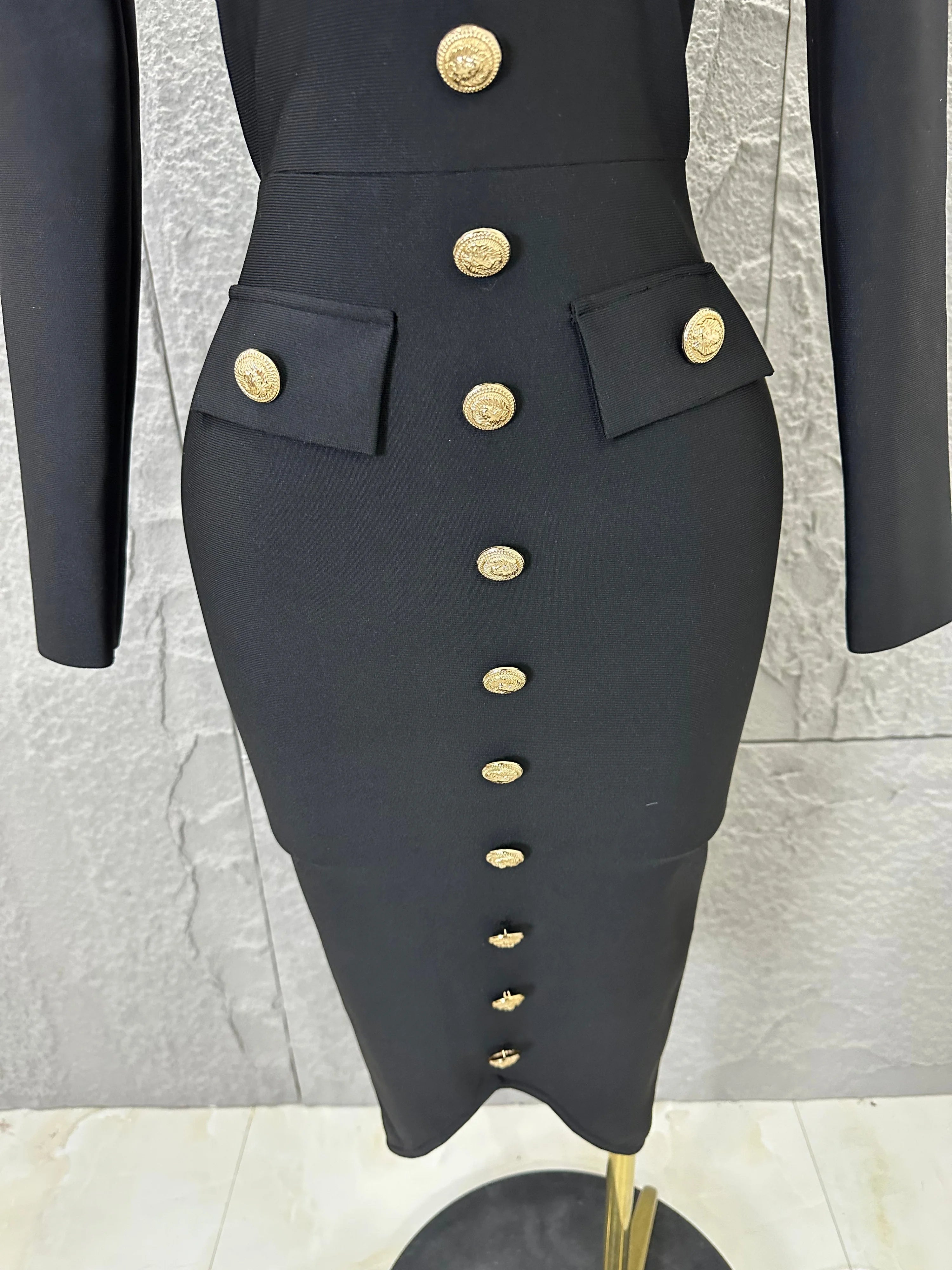 Elegant Black Deep V-Neck Midi Dress Women Sexy Long Sleeve Gold Button Form-Fitting Evening Party Cocktail Party Costume