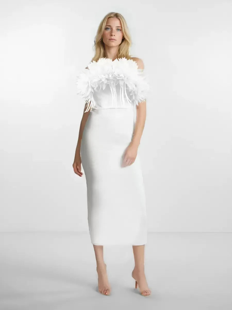 White Red Women Sexy Strapless Feathers Bodycon Long Bandage Dress Celebrate Evening Party Vacation Birthday Outfit