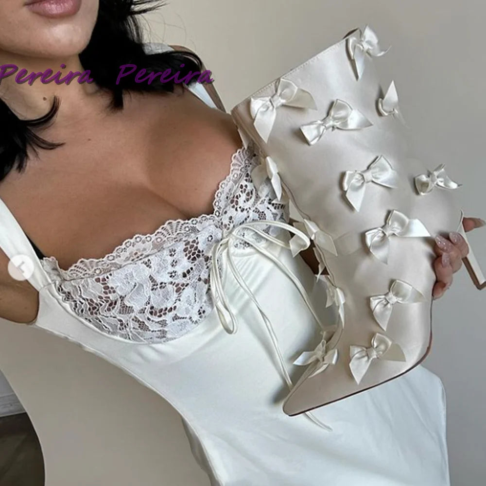 White Satin Butterfly-Knot Boots Pointed Toe Mid Calf Botas Stiletto Shoes Gentle Concise Autumn Winter 2025 Women Dress Zapatos