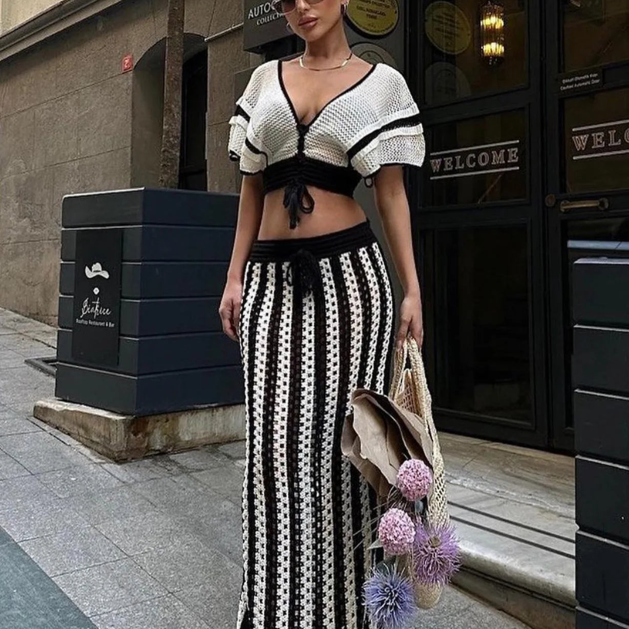 Women's Set Short Sleeve V-neck Top + Long Skirts Suit Summer Knitted Hollow Out Streetwear Beach Sexy Two 2 Piece Sets WHITE