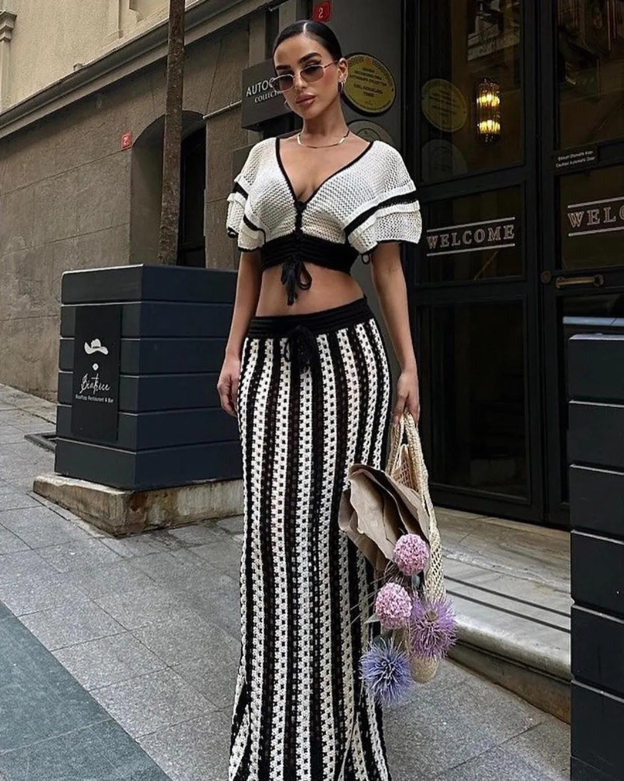 Women's Set Short Sleeve V-neck Top + Long Skirts Suit Summer Knitted Hollow Out Streetwear Beach Sexy Two 2 Piece Sets WHITE