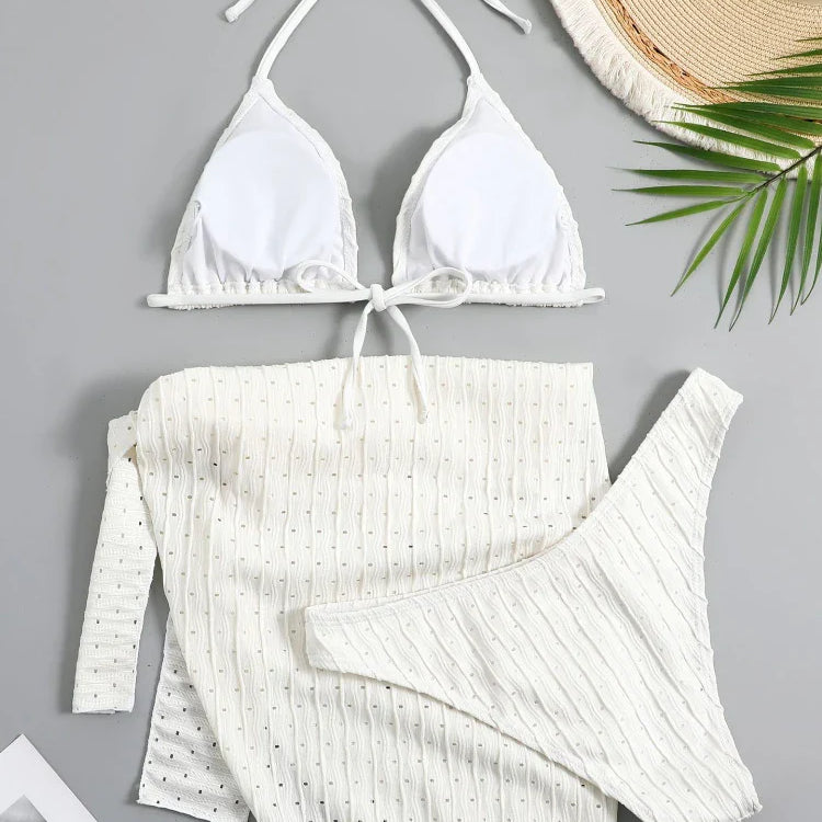 2023 New 3 Pieces Set Swimsuit Women Thong Swimwear Sexy Micro Bikini Set With Sarong Skirt White Beachwear Bathing Suit Pink