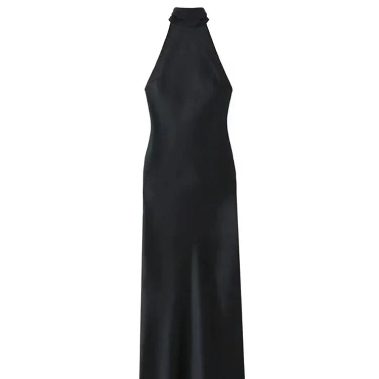 TRAFZA Women Fashion Backless Sexy Black Halter Tie Satin Long Dress Dresses Woman Bodycon Dresses New Ladies Luxury Party