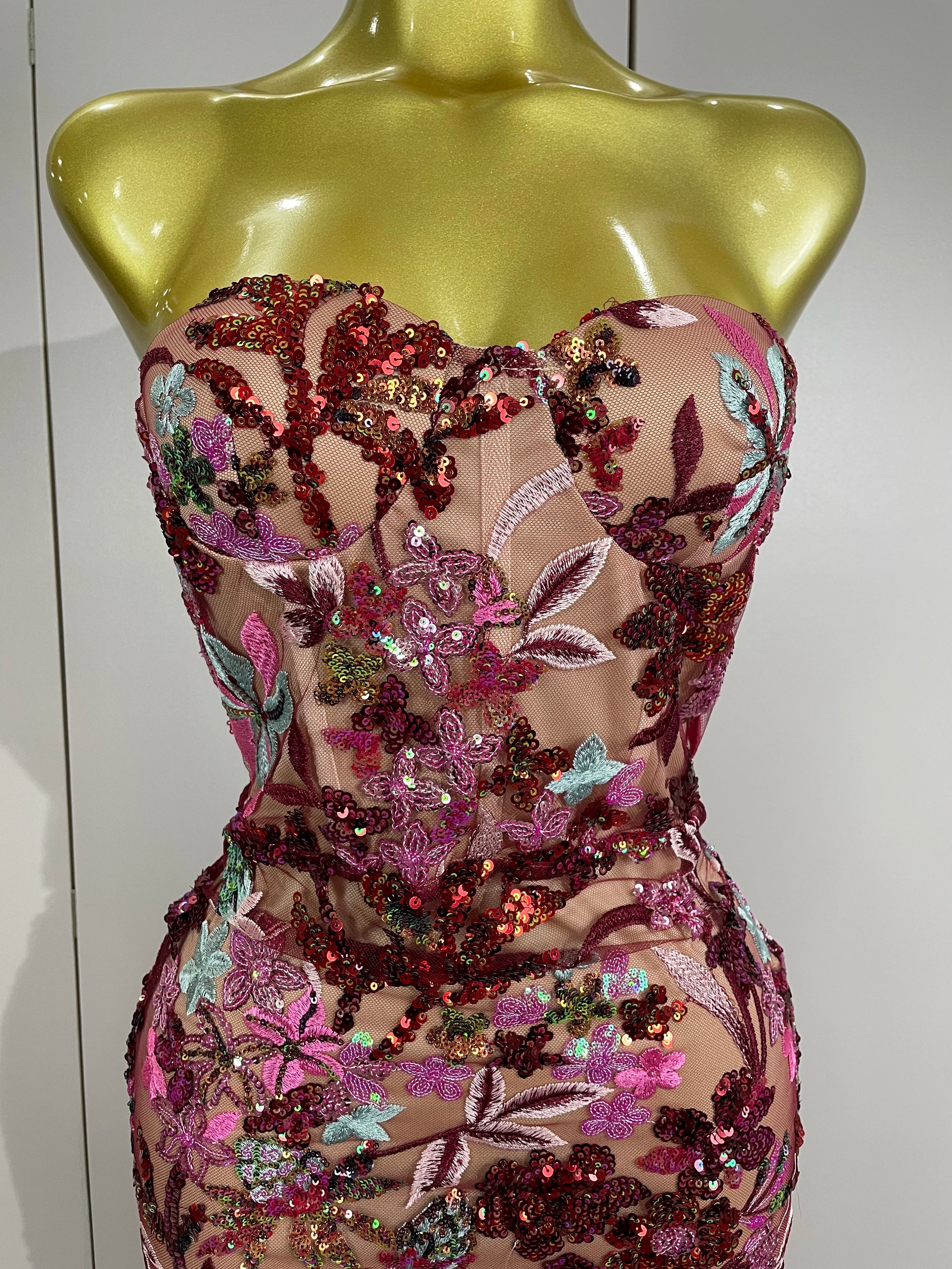 Sexy Strapless Floral Sequin Long Dress 2025 New Women Sequins Flower Backless Long Slim Dress Evening Party Runway Gown Dress