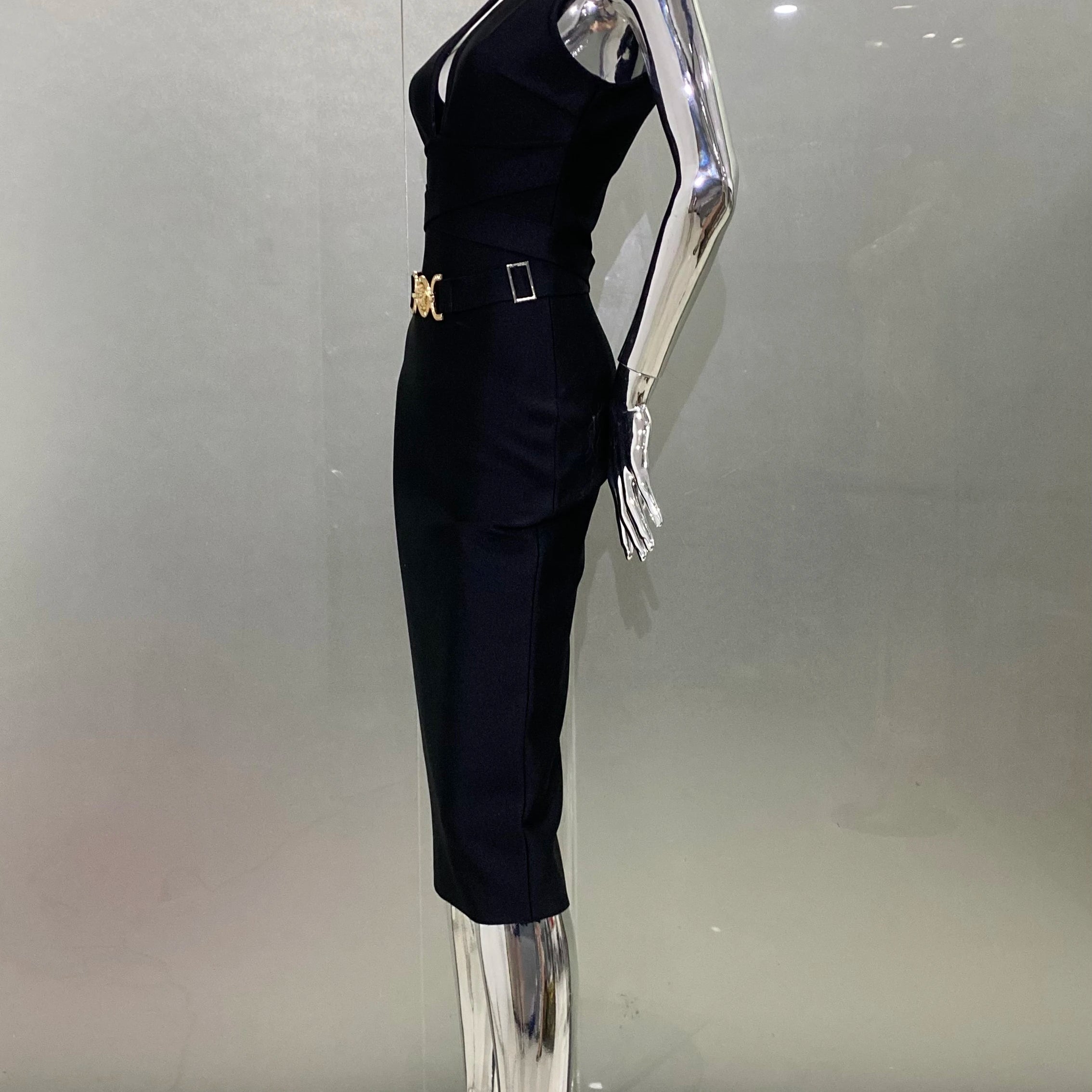 2024 Fashion Diamond Girdle Sleeveless Package Hips Midi Calf Bandage Dress Elegant Woman Evening Dress Celebrity Party Vestido