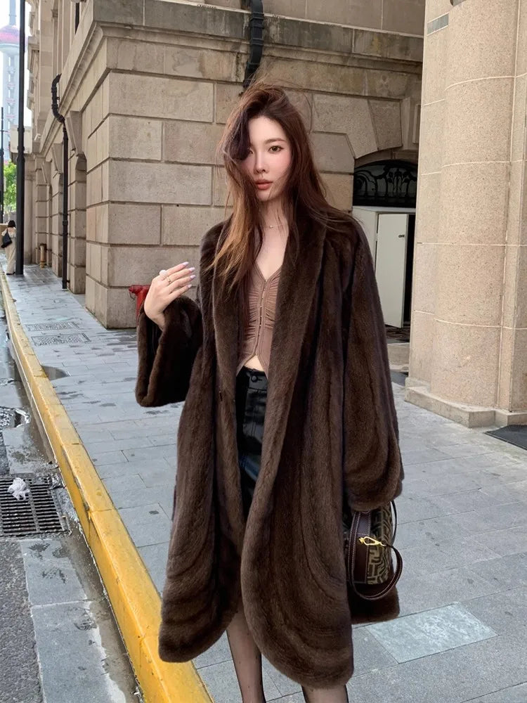 Lautaro Winter Long Luxury Elegant Stylish Thick Warm Fluffy Soft Brown Faux Mink Fur Coat Women Shawl Collar Furry Overcoat