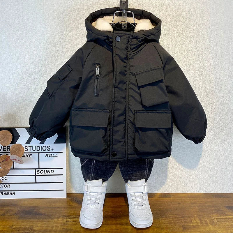 Winter Boys Jacket Children Clothing Keep Warm Cotton Thicken Coats Kids Zipper Hooded Outerwear Plus Velvet Jackets