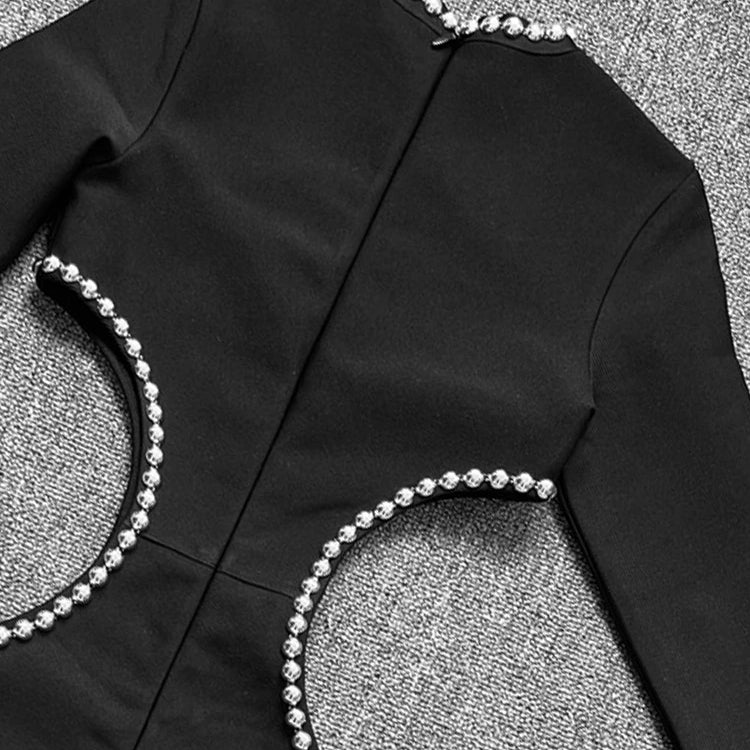 2022 Winter Black Dress Women Sexy Hollow Out High Slit Fashion Party Wear Bandage Dress With Long Sleeve