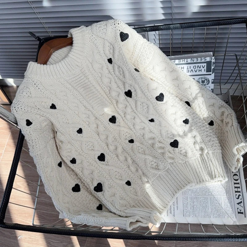 Autumn Winter New Fashion Heart Twist Sweater For Women Long Sleeve Loose Versatile Design Knitted Top Female 11A07872