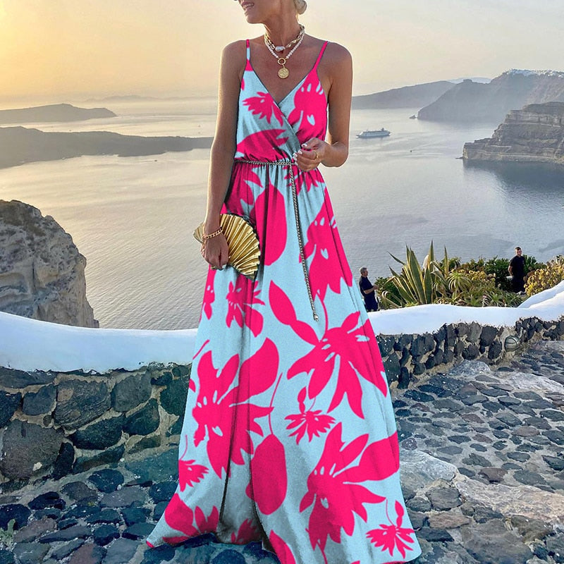 V Neck Maxi Dresses Printed Sleeveless Sling Holiday Dress style 1 Rose