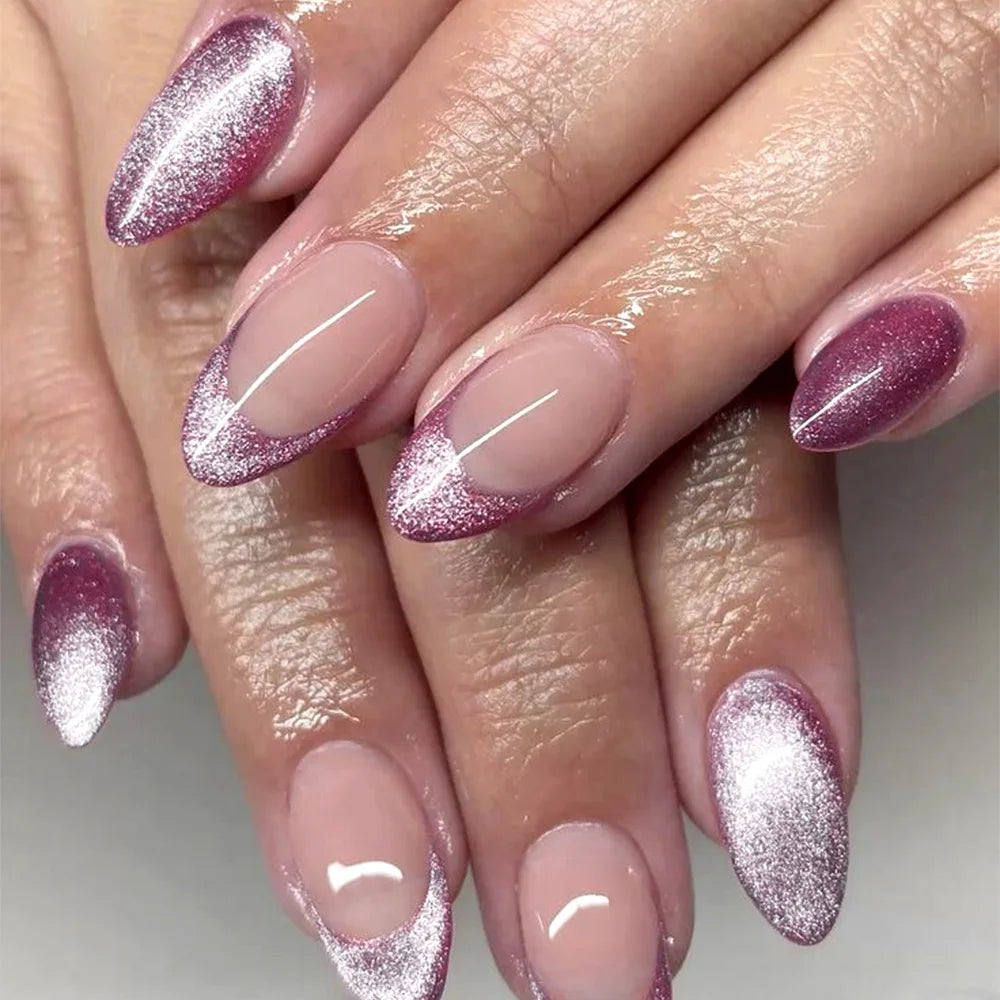 24Pcs Purple French press on nails with 3D broken diamond wearable mid-length almond fake nail tips round head false nails 880