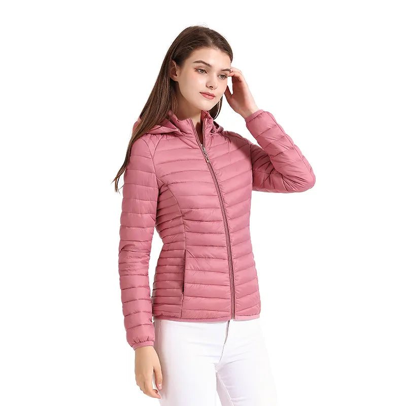 Winter Parka Ultralight Padded Puffer Jacket For Women Coat With Hood Outdoor Warm Lightweight Outwear With Storage Bag Rose