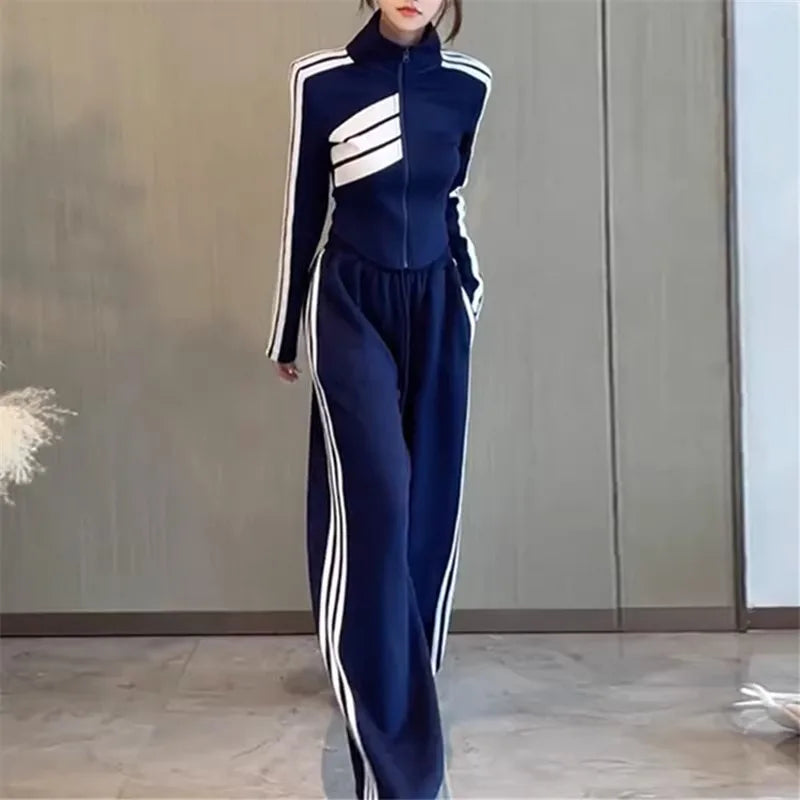 Striped Sports Set Women's Autumn/Winter Fashion Contrast Color Zipper Coat Long Sleeve Casual Wide Leg Pants Two Piece Set blue