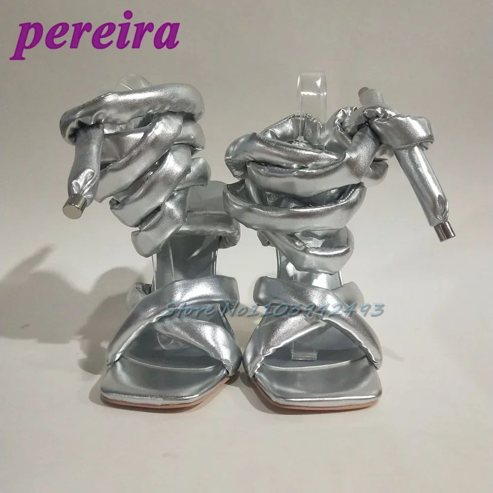 Silver Gladiator Heels Square Toe Ankle Strap Heeled Sandals Roman Style Stiletto Designer Women Shoes Summer Sandalias De Mujer Silver