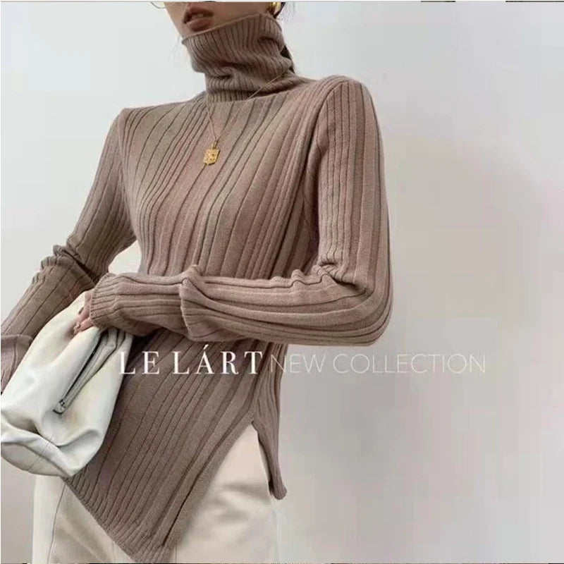 Turtleneck Women Sweater 2021 Autumn Winter New Side Slit Pullover Tops Korean Fashion Knit Sweaters Long Flare Sleeve Basic Khaki Turtleneck