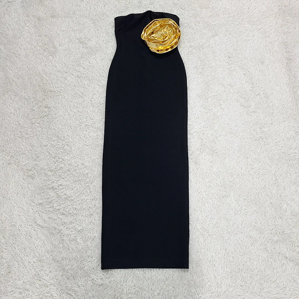Black Color Women Sexy Strapless Big Gold Florals Bodycon Bandage Long Dress Fashion Elegant Evening Party Cocktail Dress
